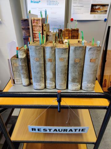 Boeken uit de magistraatsbibliotheek op een kar