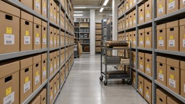 Gangpad in een archiefdepot met aan weerszijden stellingen vol gelabelde archiefdozen. In het gangpad staat een archiefkar met historische boeken en archiefstukken.