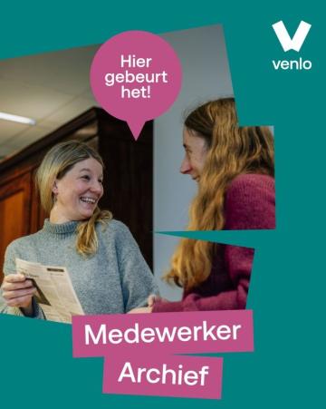 Vacatureafbeelding van de gemeente Venlo voor de functie Medewerker Archief, met het logo van Venlo en de tekst ‘Hier gebeurt het!’